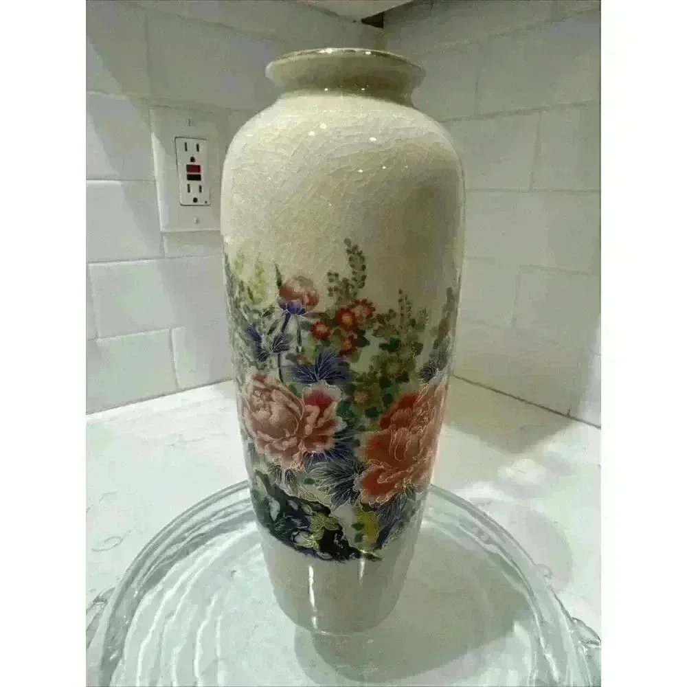 VTG Floral Vase Gold Artmark Japan Blue Red Orange Green Pink 9 in